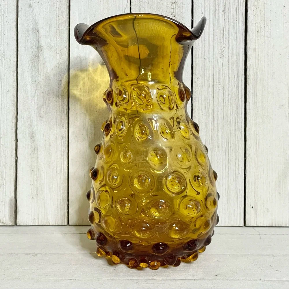 Vintage Honey Amber Marigold Hobnail Glass Ruffle Edged Vase
